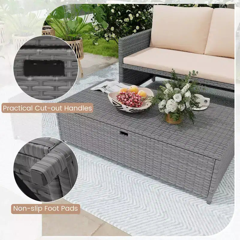 Costway – Causeuse de terrasse 2 places avec pouf de rangement multifonctionnel de 117 L et coussins moelleux