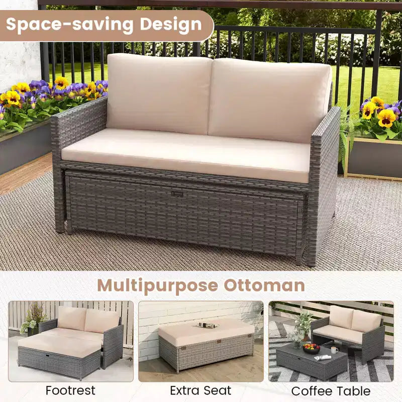 Costway – Causeuse de terrasse 2 places avec pouf de rangement multifonctionnel de 117 L et coussins moelleux