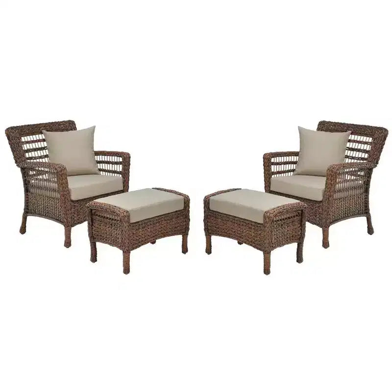 Jiallo Modern Concept Lot de 2 Fauteuils et 2 Ottomans en Résine Imitation Herbe Marine Tressée