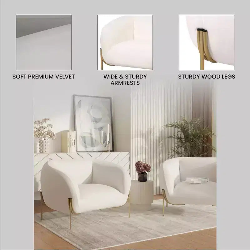 LeisureMod Zuno Modern Velvet Accent Chair - Geometric Single-Seater Sofa with Reinforced Gold Iron Legs and Contoured Backrest