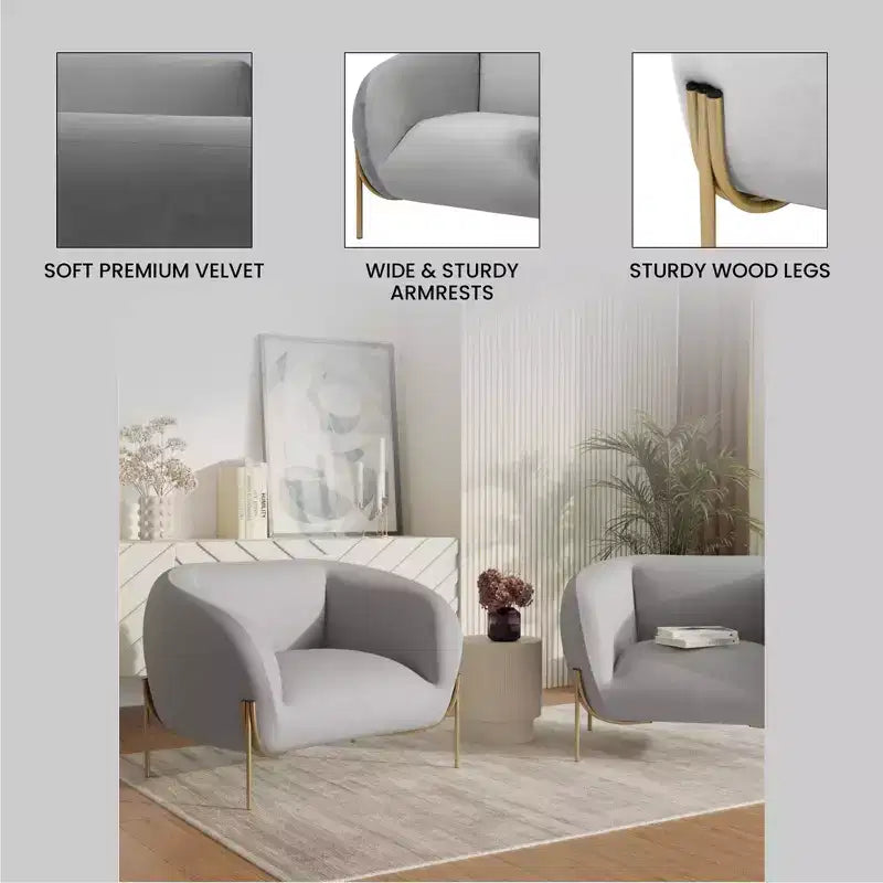 LeisureMod Zuno Modern Velvet Accent Chair - Geometric Single-Seater Sofa with Reinforced Gold Iron Legs and Contoured Backrest