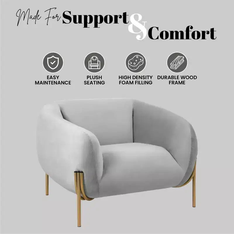 LeisureMod Zuno Modern Velvet Accent Chair - Geometric Single-Seater Sofa with Reinforced Gold Iron Legs and Contoured Backrest