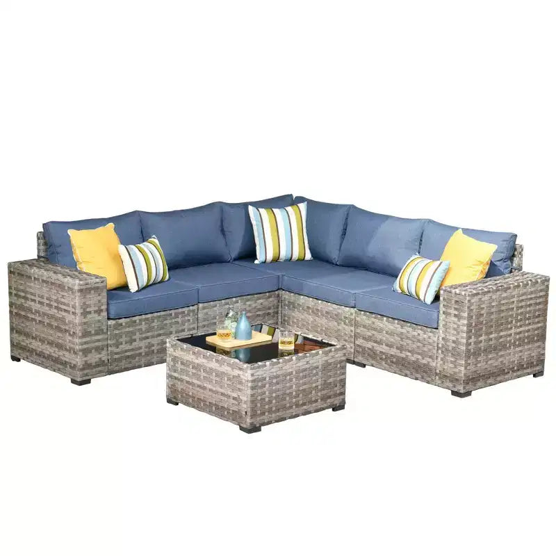 Ensemble de conversation de 6 meubles de patio extérieurs en osier Marlton avec sectionnel de canapé, table et coussins
