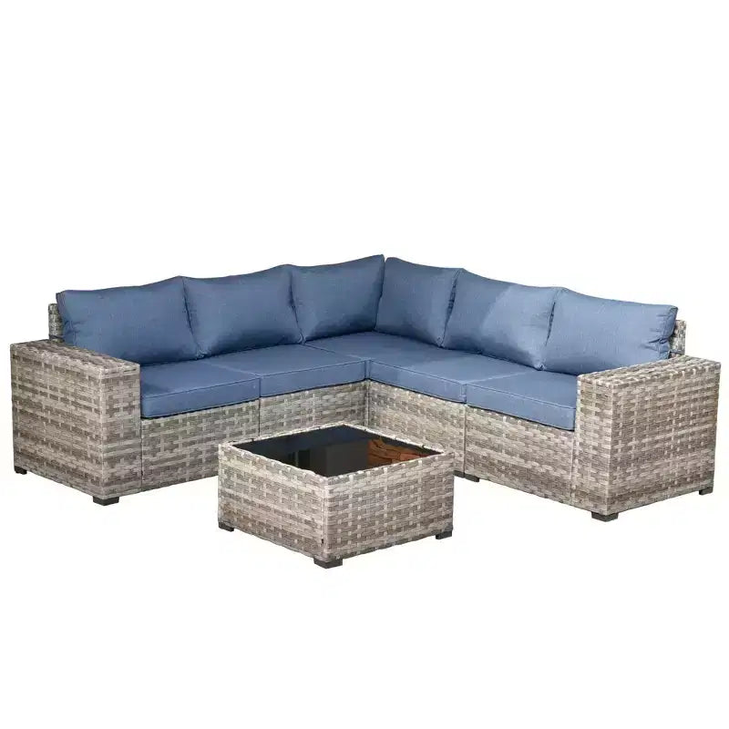 Ensemble de conversation de 6 meubles de patio extérieurs en osier Marlton avec sectionnel de canapé, table et coussins