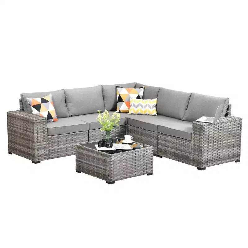 Ensemble de conversation de 6 meubles de patio extérieurs en osier Marlton avec sectionnel de canapé, table et coussins