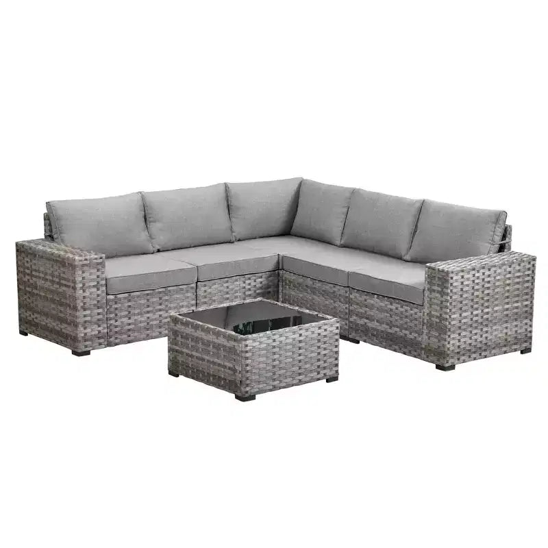 Ensemble de conversation de 6 meubles de patio extérieurs en osier Marlton avec sectionnel de canapé, table et coussins