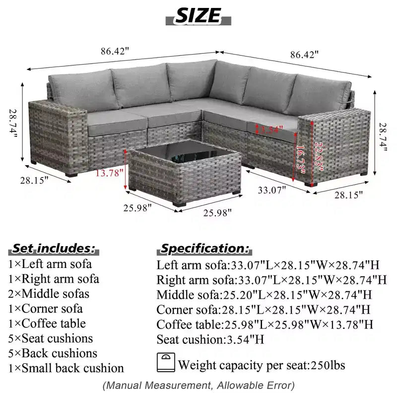 Ensemble de conversation de 6 meubles de patio extérieurs en osier Marlton avec sectionnel de canapé, table et coussins