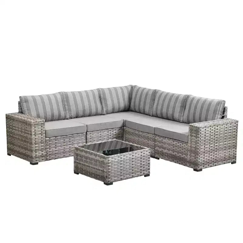 Ensemble de conversation de 6 meubles de patio extérieurs en osier Marlton avec sectionnel de canapé, table et coussins