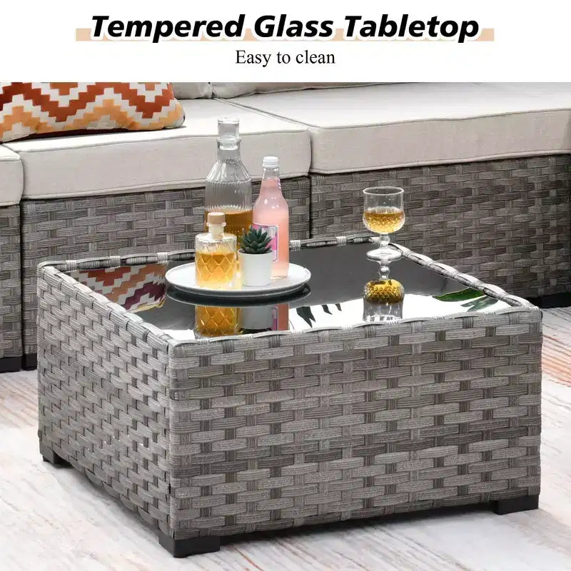 Ensemble de conversation de 6 meubles de patio extérieurs en osier Marlton avec sectionnel de canapé, table et coussins