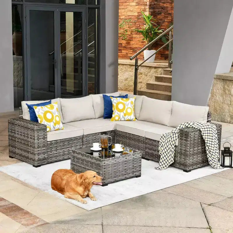 Marlton 6pc Wicker Outdoor Patio Furniture Set Conversation Sofa Sectional with a Table and Cushions