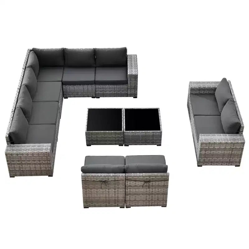 Ensemble de mobilier de patio en osier Marlton 12 pièces - Canapé sectionnel de conversation avec coussins