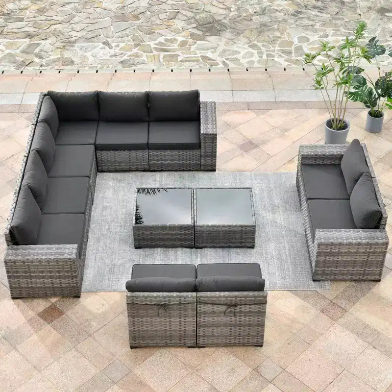 Ensemble de mobilier de patio en osier Marlton 12 pièces - Canapé sectionnel de conversation avec coussins