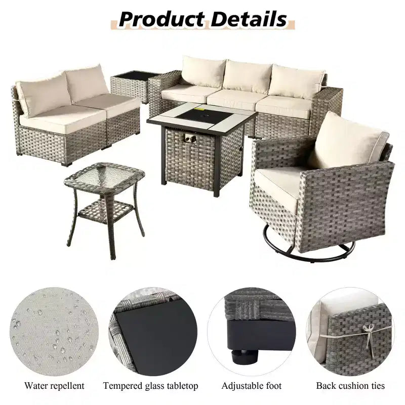 Marlton, ensemble de 9 meubles de patio en osier pour extérieur avec foyer, canapé et fauteuil pivotant avec coussins
