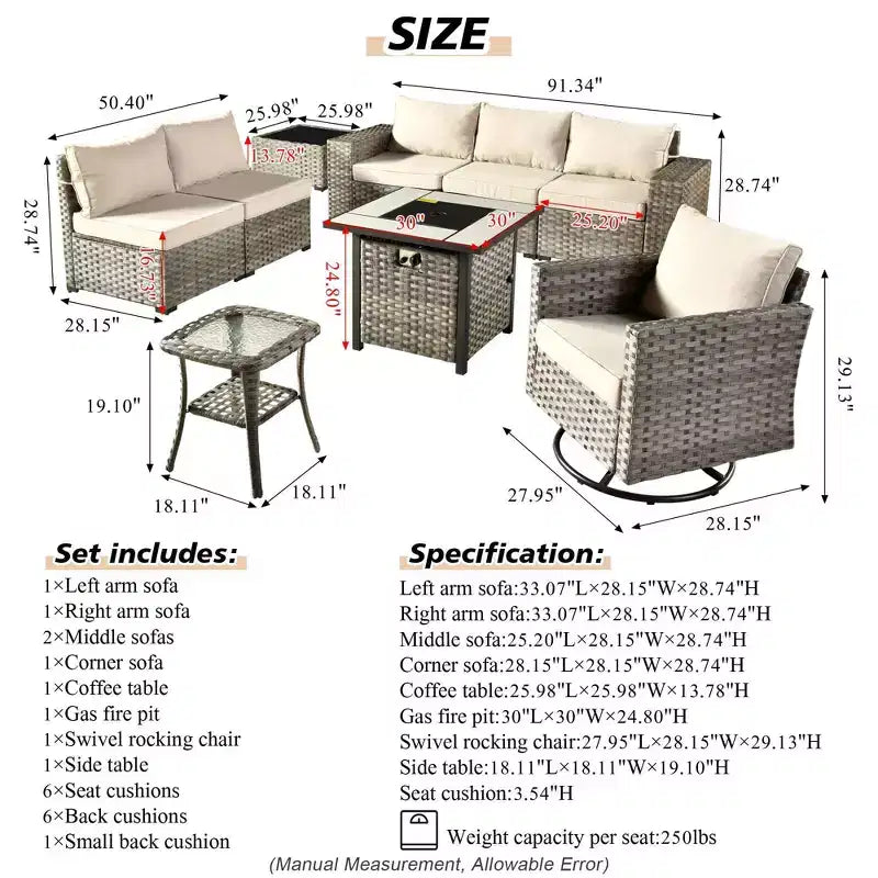 Marlton, ensemble de 9 meubles de patio en osier pour extérieur avec foyer, canapé et fauteuil pivotant avec coussins