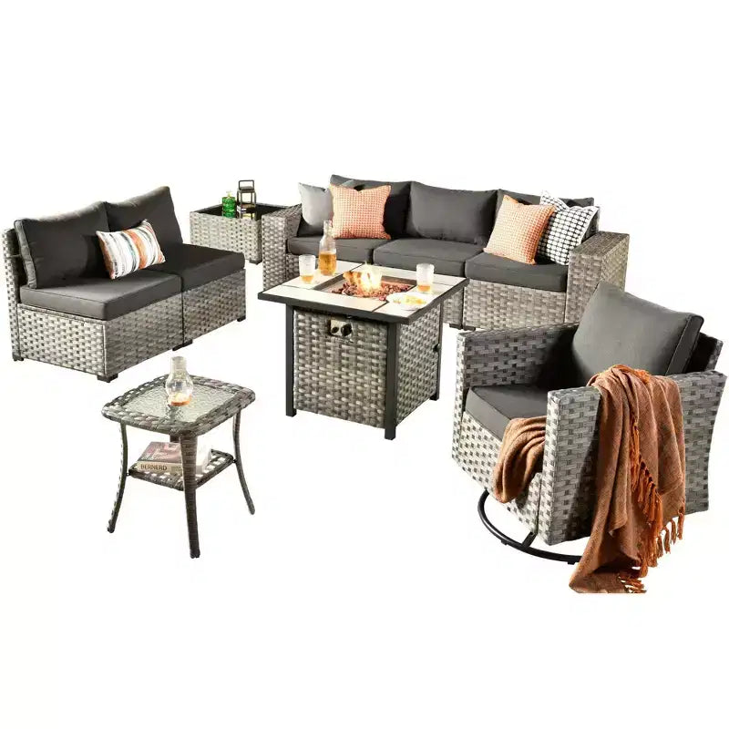 Marlton, ensemble de 9 meubles de patio en osier pour extérieur avec foyer, canapé et fauteuil pivotant avec coussins