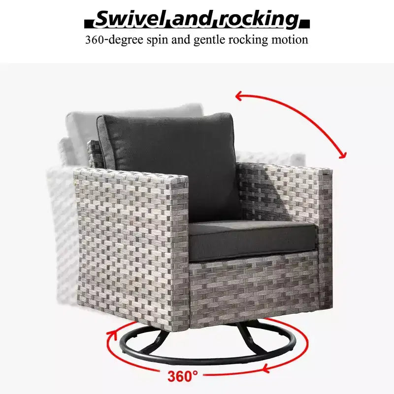 Marlton, ensemble de 9 meubles de patio en osier pour extérieur avec foyer, canapé et fauteuil pivotant avec coussins