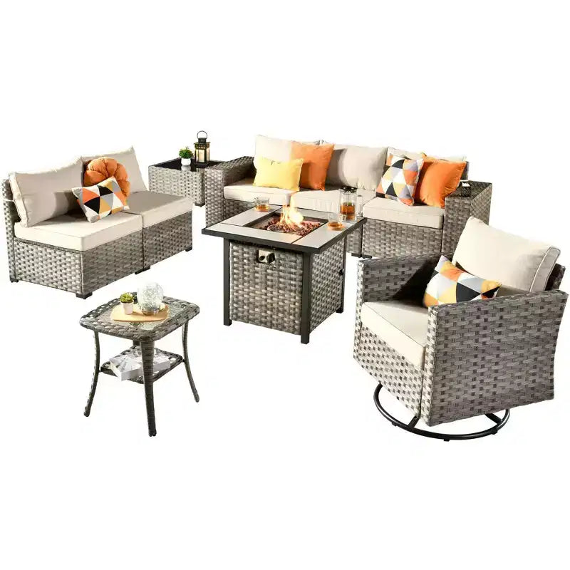 Marlton, ensemble de 9 meubles de patio en osier pour extérieur avec foyer, canapé et fauteuil pivotant avec coussins