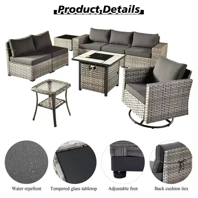 Marlton, ensemble de 9 meubles de patio en osier pour extérieur avec foyer, canapé et fauteuil pivotant avec coussins