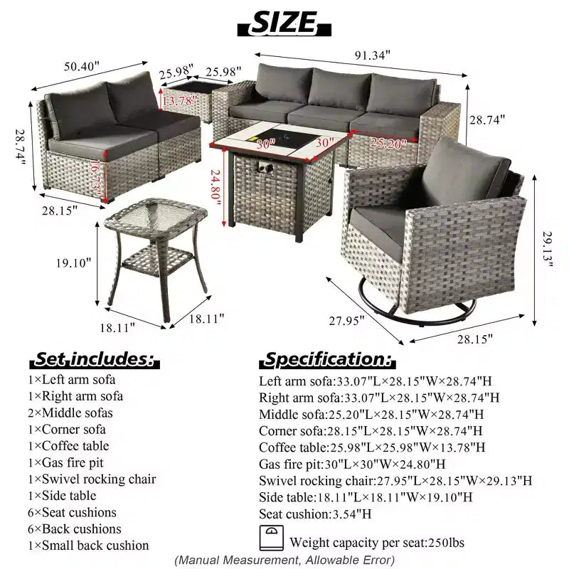Marlton, ensemble de 9 meubles de patio en osier pour extérieur avec foyer, canapé et fauteuil pivotant avec coussins