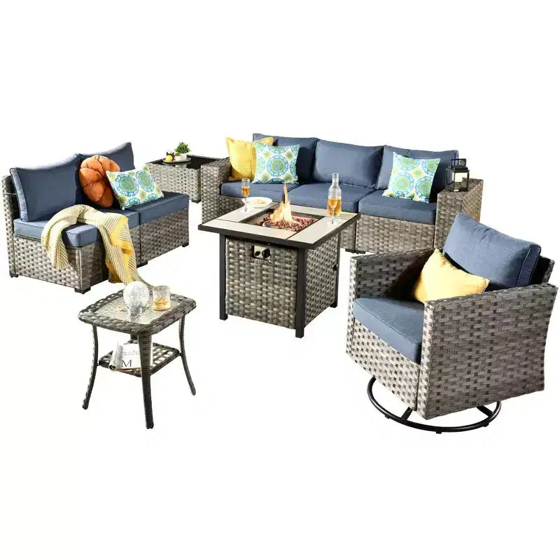 Marlton, ensemble de 9 meubles de patio en osier pour extérieur avec foyer, canapé et fauteuil pivotant avec coussins