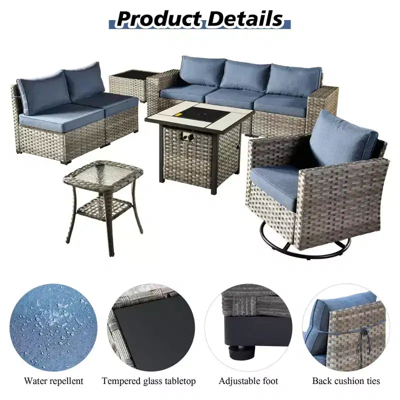Marlton, ensemble de 9 meubles de patio en osier pour extérieur avec foyer, canapé et fauteuil pivotant avec coussins