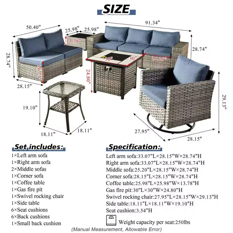 Marlton, ensemble de 9 meubles de patio en osier pour extérieur avec foyer, canapé et fauteuil pivotant avec coussins