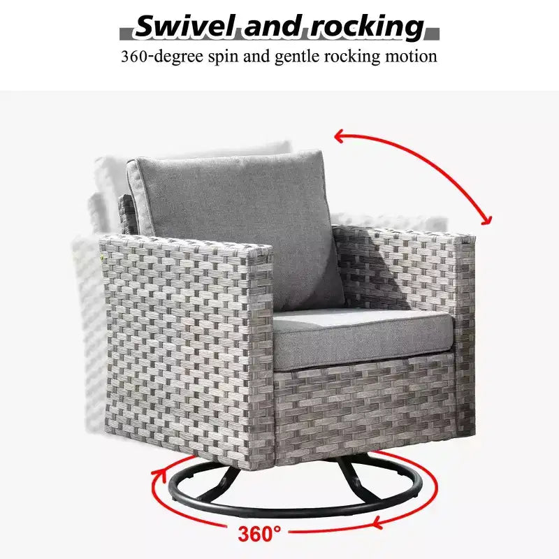 Marlton, ensemble de 9 meubles de patio en osier pour extérieur avec foyer, canapé et fauteuil pivotant avec coussins