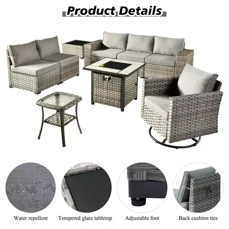 Marlton, ensemble de 9 meubles de patio en osier pour extérieur avec foyer, canapé et fauteuil pivotant avec coussins