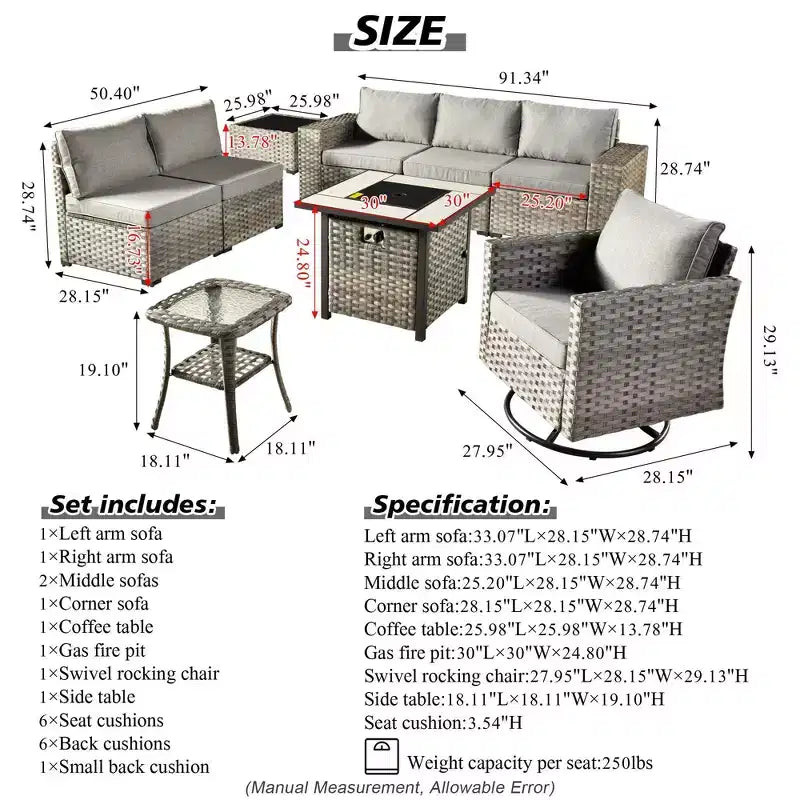Marlton, ensemble de 9 meubles de patio en osier pour extérieur avec foyer, canapé et fauteuil pivotant avec coussins