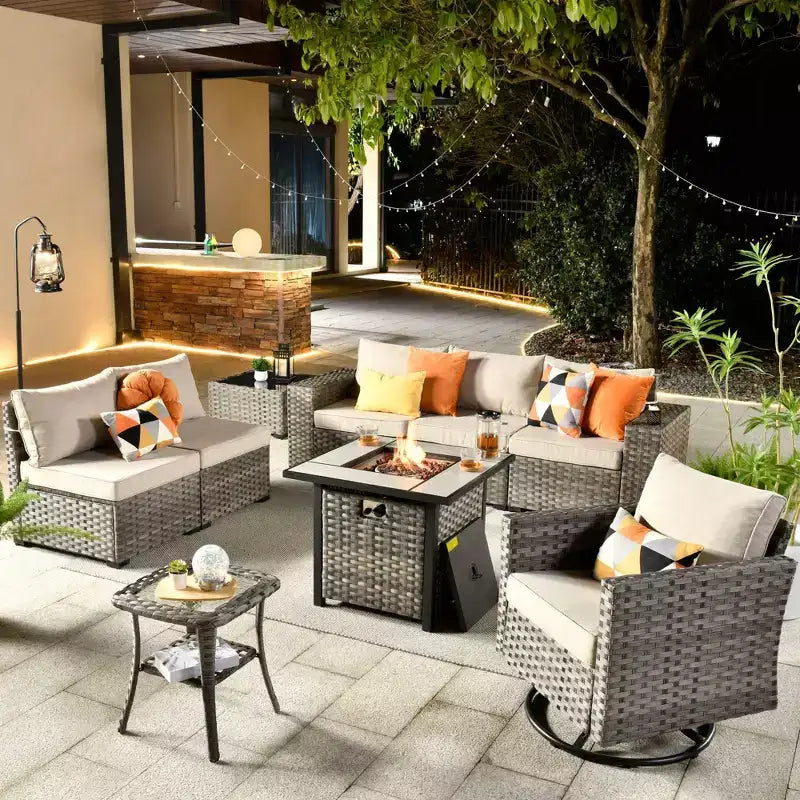 Marlton 9pc Wicker Outdoor Fire Pit Patio Furniture Set Conversation Sofa with a Swivel Chair and Cushions