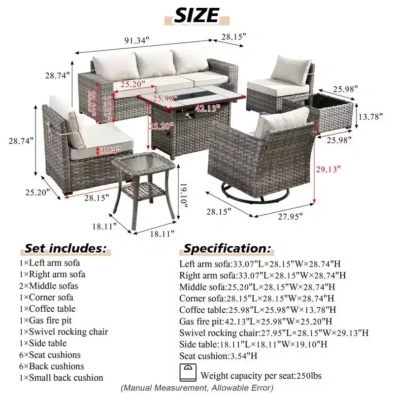 Ensemble de mobilier de patio d'extérieur en osier Marlton 9 pièces avec canapé de conversation, brasero rectangulaire, fauteuil pivotant et coussins