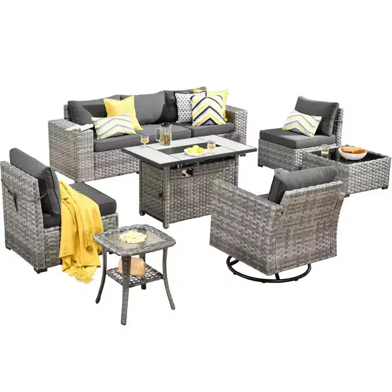 Ensemble de mobilier de patio d'extérieur en osier Marlton 9 pièces avec canapé de conversation, brasero rectangulaire, fauteuil pivotant et coussins