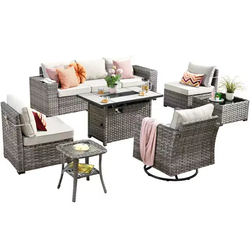 Ensemble de mobilier de patio d'extérieur en osier Marlton 9 pièces avec canapé de conversation, brasero rectangulaire, fauteuil pivotant et coussins