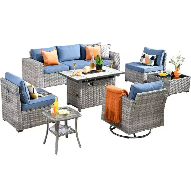 Ensemble de mobilier de patio d'extérieur en osier Marlton 9 pièces avec canapé de conversation, brasero rectangulaire, fauteuil pivotant et coussins