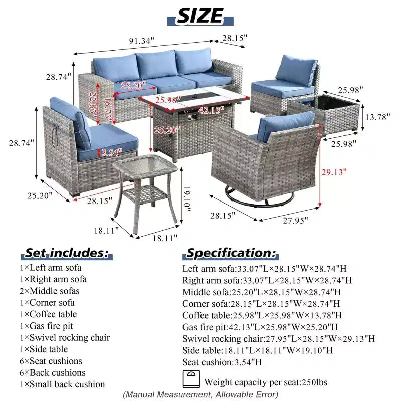 Ensemble de mobilier de patio d'extérieur en osier Marlton 9 pièces avec canapé de conversation, brasero rectangulaire, fauteuil pivotant et coussins