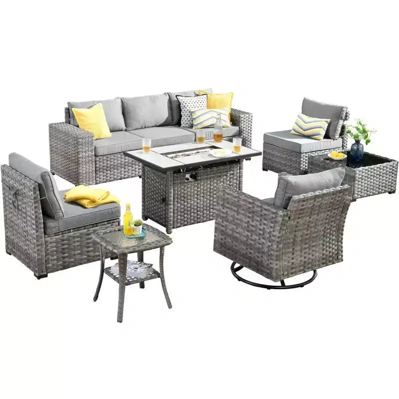 Ensemble de mobilier de patio d'extérieur en osier Marlton 9 pièces avec canapé de conversation, brasero rectangulaire, fauteuil pivotant et coussins