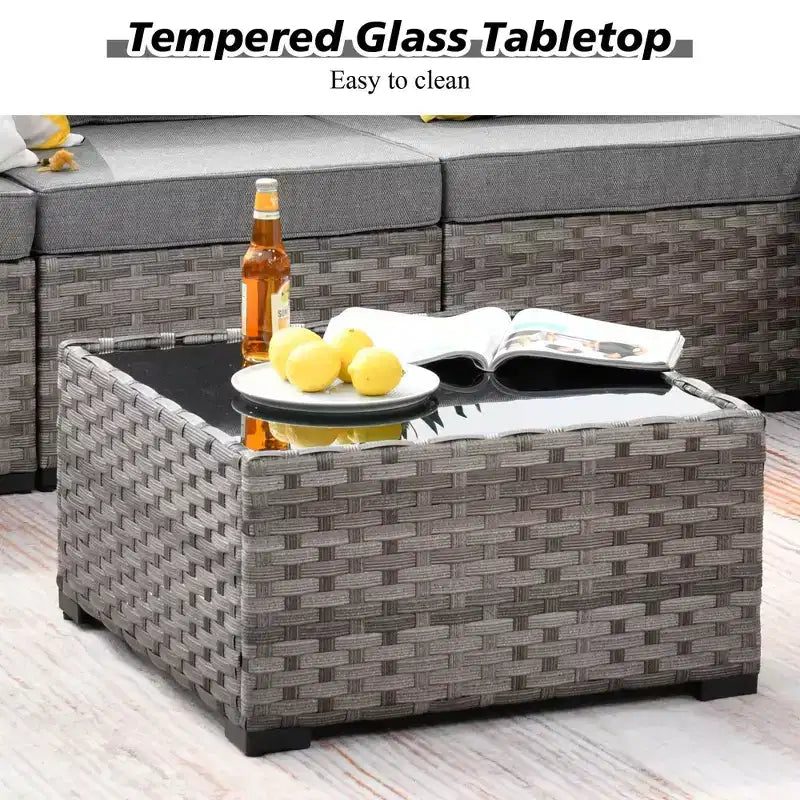 Ensemble de mobilier de patio d'extérieur en osier Marlton 9 pièces avec canapé de conversation, brasero rectangulaire, fauteuil pivotant et coussins