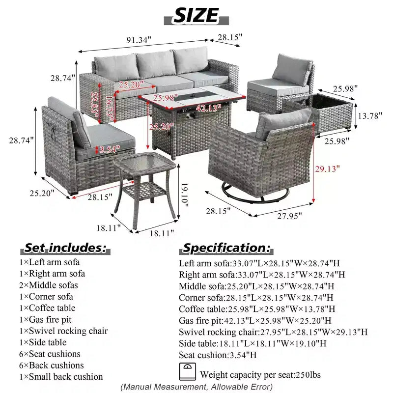 Ensemble de mobilier de patio d'extérieur en osier Marlton 9 pièces avec canapé de conversation, brasero rectangulaire, fauteuil pivotant et coussins