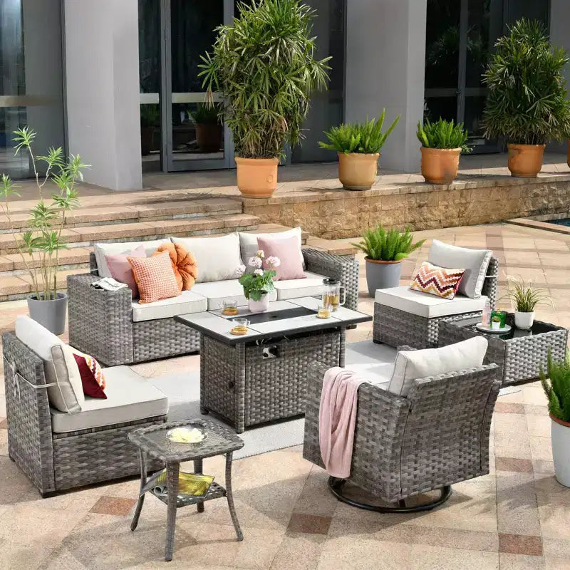 Marlton 9pc Wicker Outdoor Patio Furniture Set Conversation Sofa with a Rectangle Fire Pit, Swivel Chair and Cushions