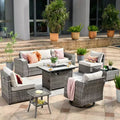 Marlton 9pc Wicker Outdoor Patio Furniture Set Conversation Sofa with a Rectangle Fire Pit, Swivel Chair and Cushions
