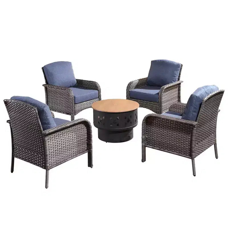 Ensemble de mobilier de patio extérieur en osier Verona 5 pièces, canapé-causeuse de conversation avec foyer au bois et coussins