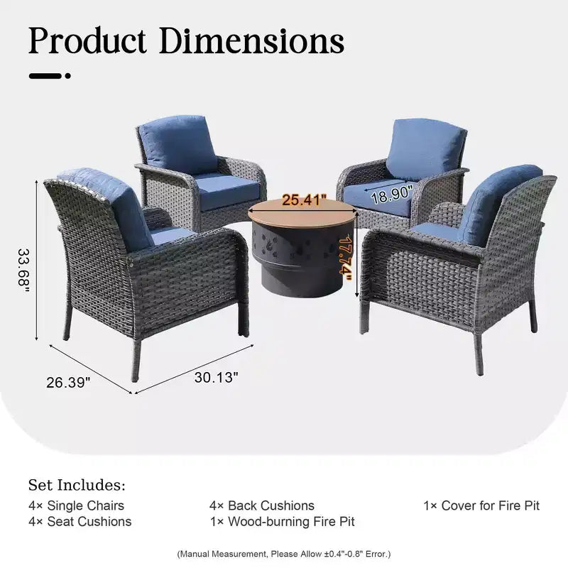 Ensemble de mobilier de patio extérieur en osier Verona 5 pièces, canapé-causeuse de conversation avec foyer au bois et coussins