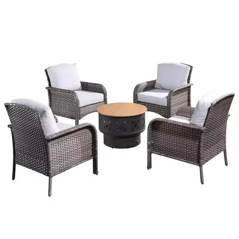 Ensemble de mobilier de patio extérieur en osier Verona 5 pièces, canapé-causeuse de conversation avec foyer au bois et coussins