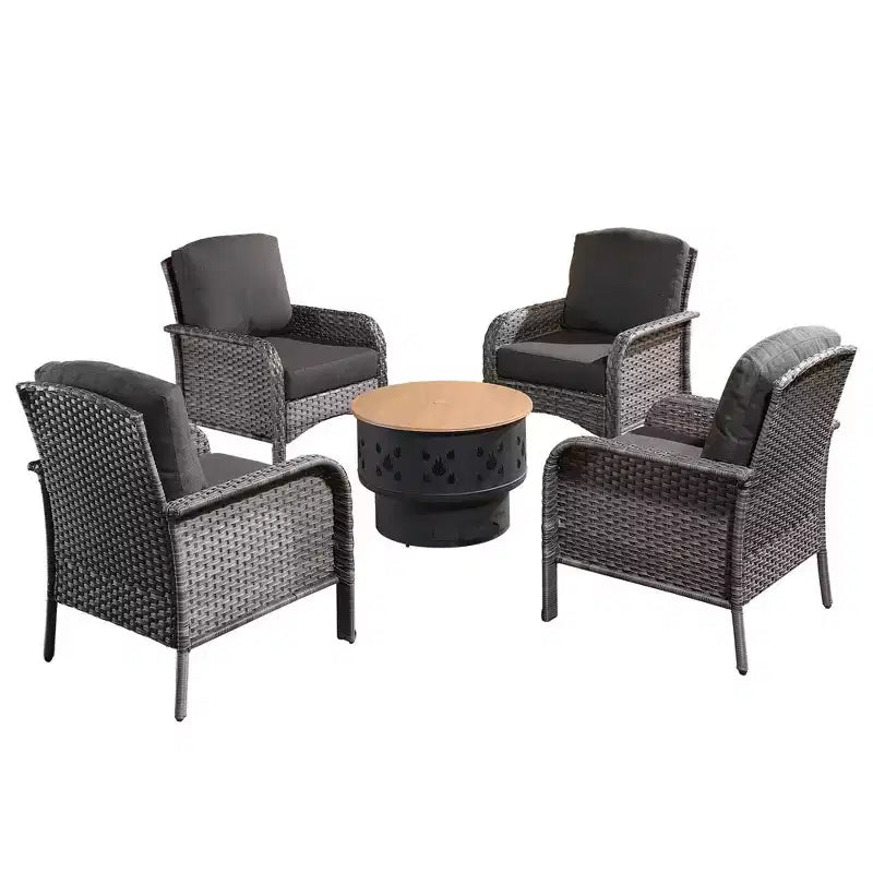 Ensemble de mobilier de patio extérieur en osier Verona 5 pièces, canapé-causeuse de conversation avec foyer au bois et coussins