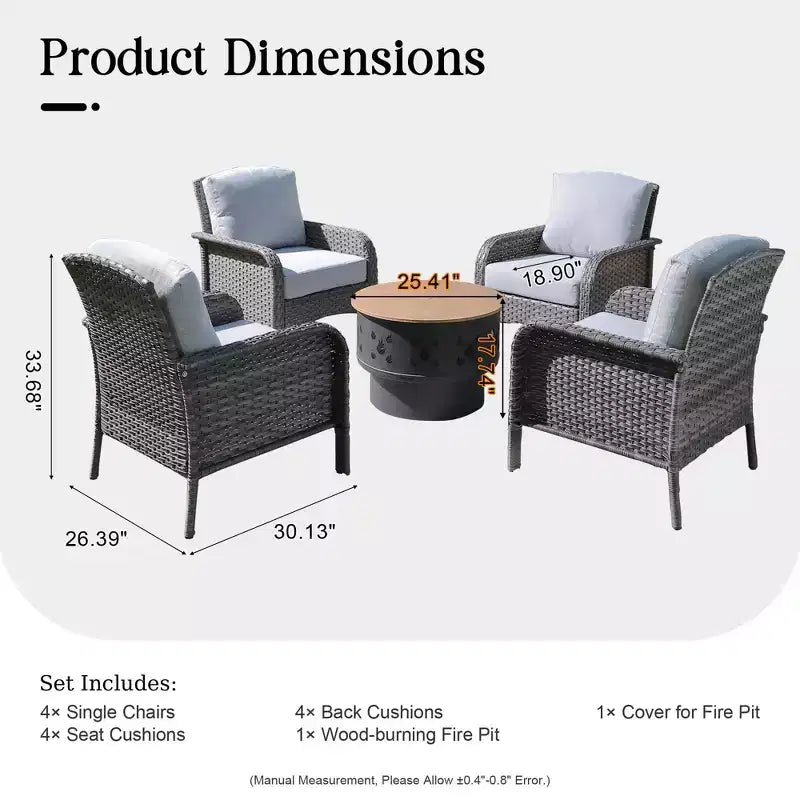 Ensemble de mobilier de patio extérieur en osier Verona 5 pièces, canapé-causeuse de conversation avec foyer au bois et coussins