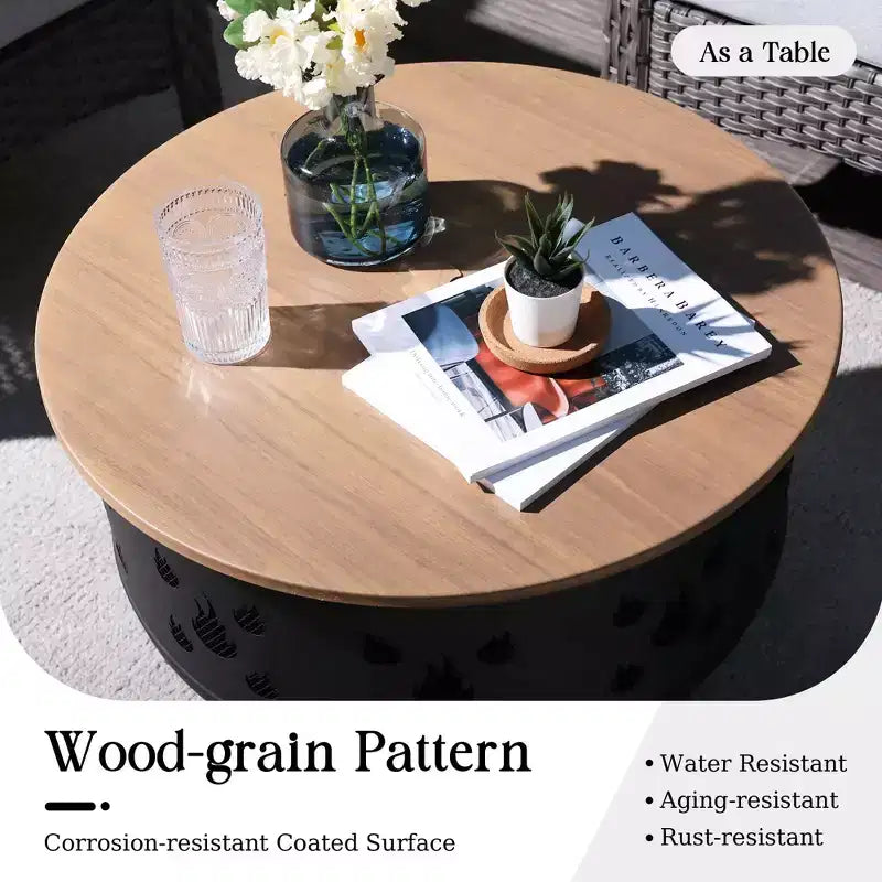 Ensemble de mobilier de patio extérieur en osier Verona 5 pièces, canapé-causeuse de conversation avec foyer au bois et coussins