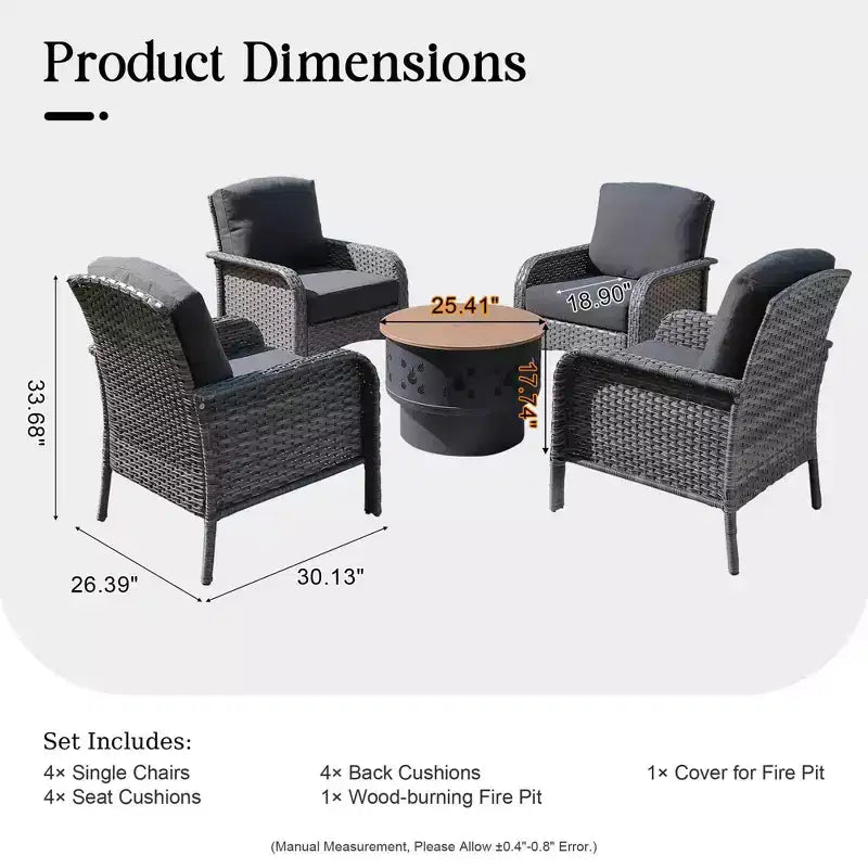 Ensemble de mobilier de patio extérieur en osier Verona 5 pièces, canapé-causeuse de conversation avec foyer au bois et coussins