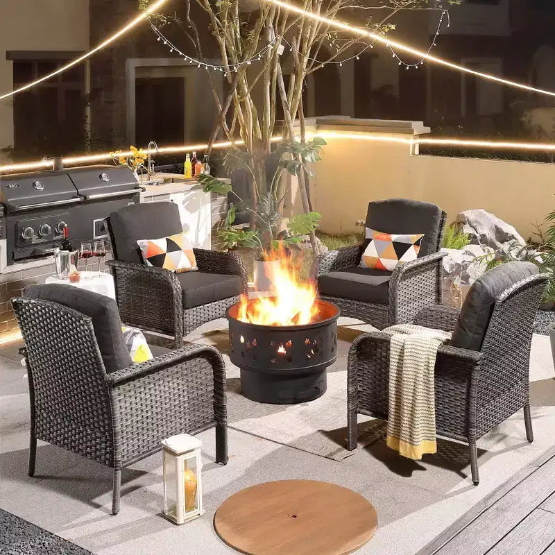 Verona 5pc Wicker Outdoor Patio Furniture Set Conversation Sofa Loveseat with a Wood-Burning Fire Pit and Cushions
