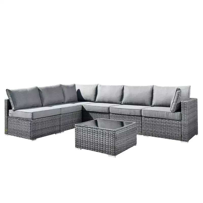 Ensemble de mobilier de jardin 7 pièces en osier de Venise avec canapé sectionnel, table et coussins