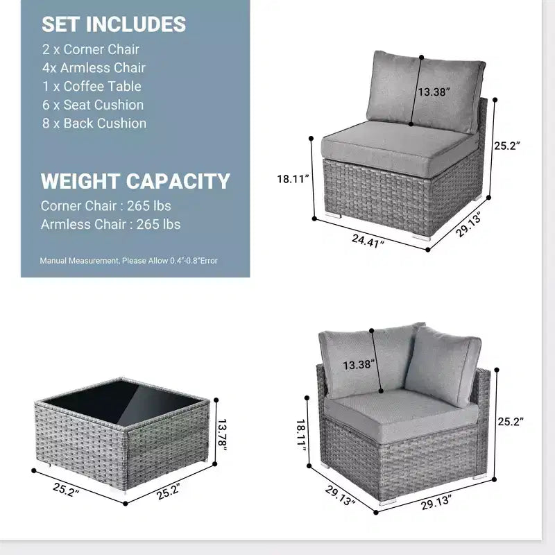 Ensemble de mobilier de jardin 7 pièces en osier de Venise avec canapé sectionnel, table et coussins